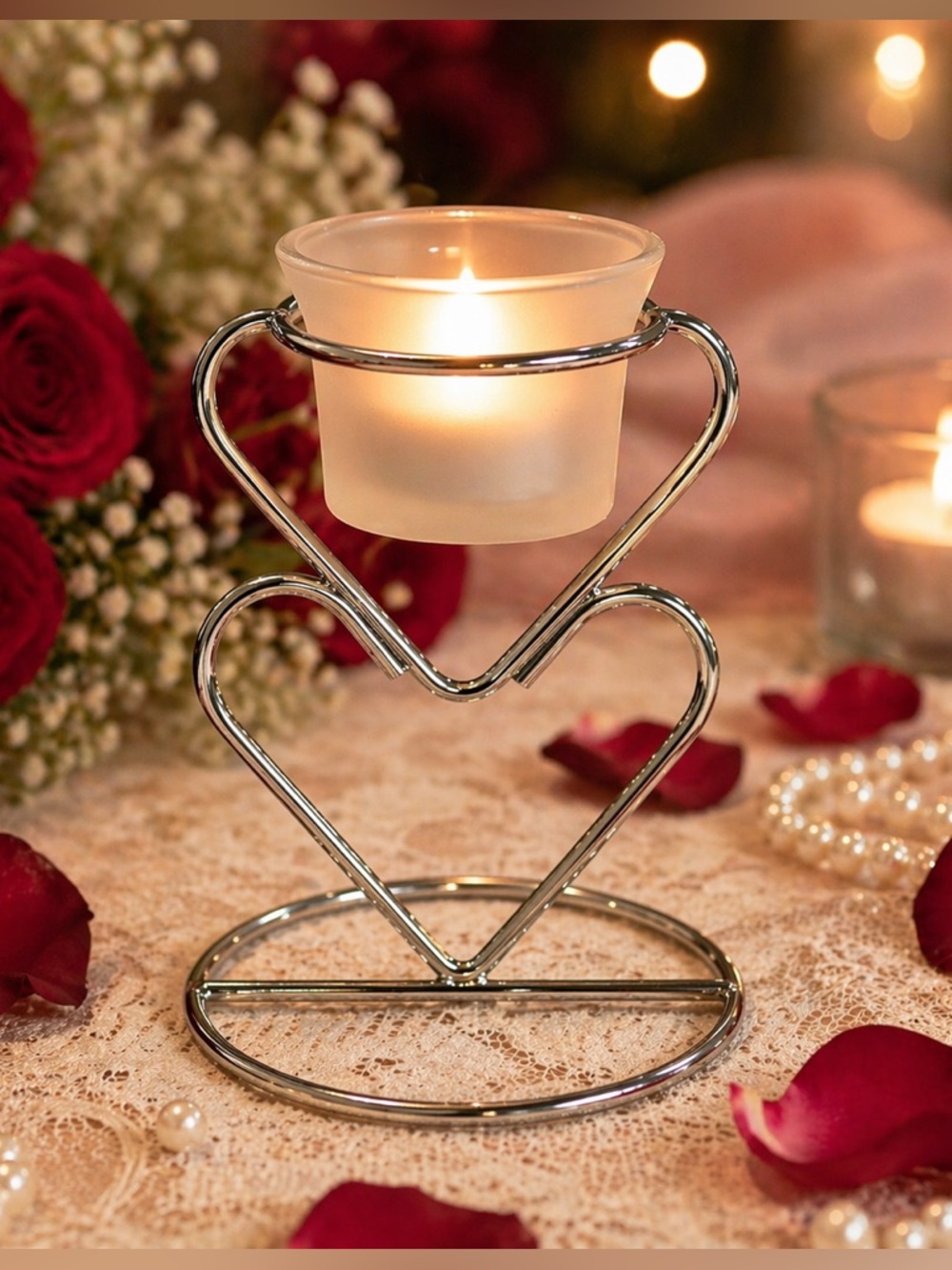 Silver Double Heart Tealight Holder w Frosted Glass Romantic Wedding Decor